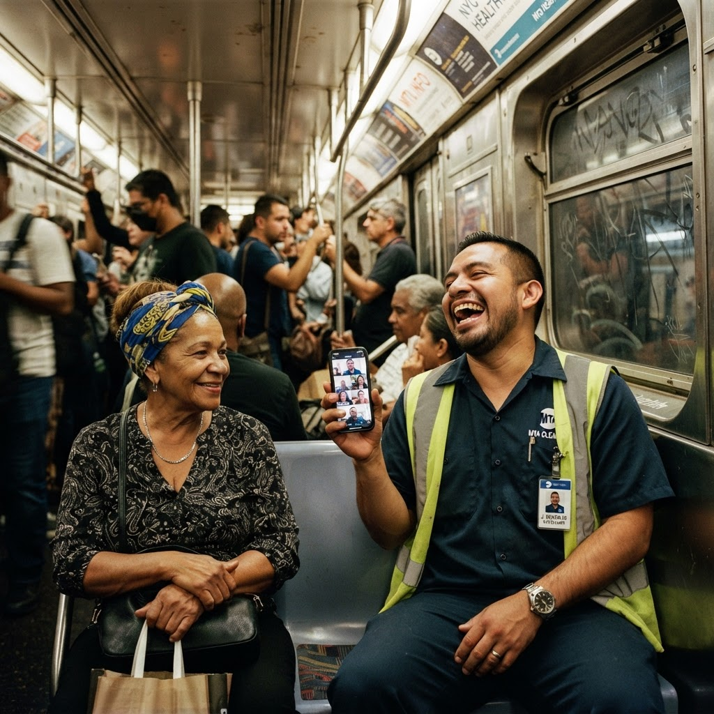 An Ecuadorian MTA cleaner watching an improv class on his phone on the 2 train