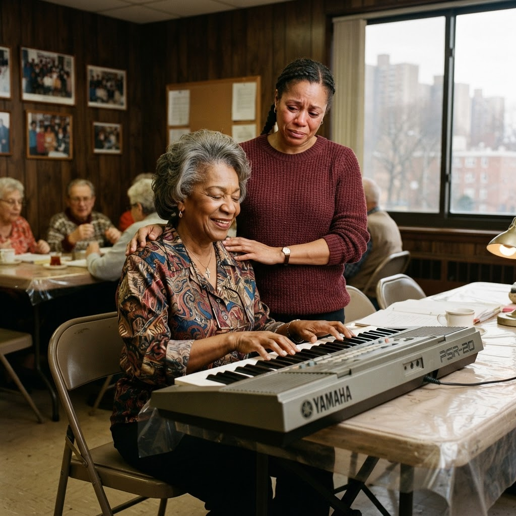 An elderly woman playing an electronic keyboard in a Co-op City senior room, her daughter watching