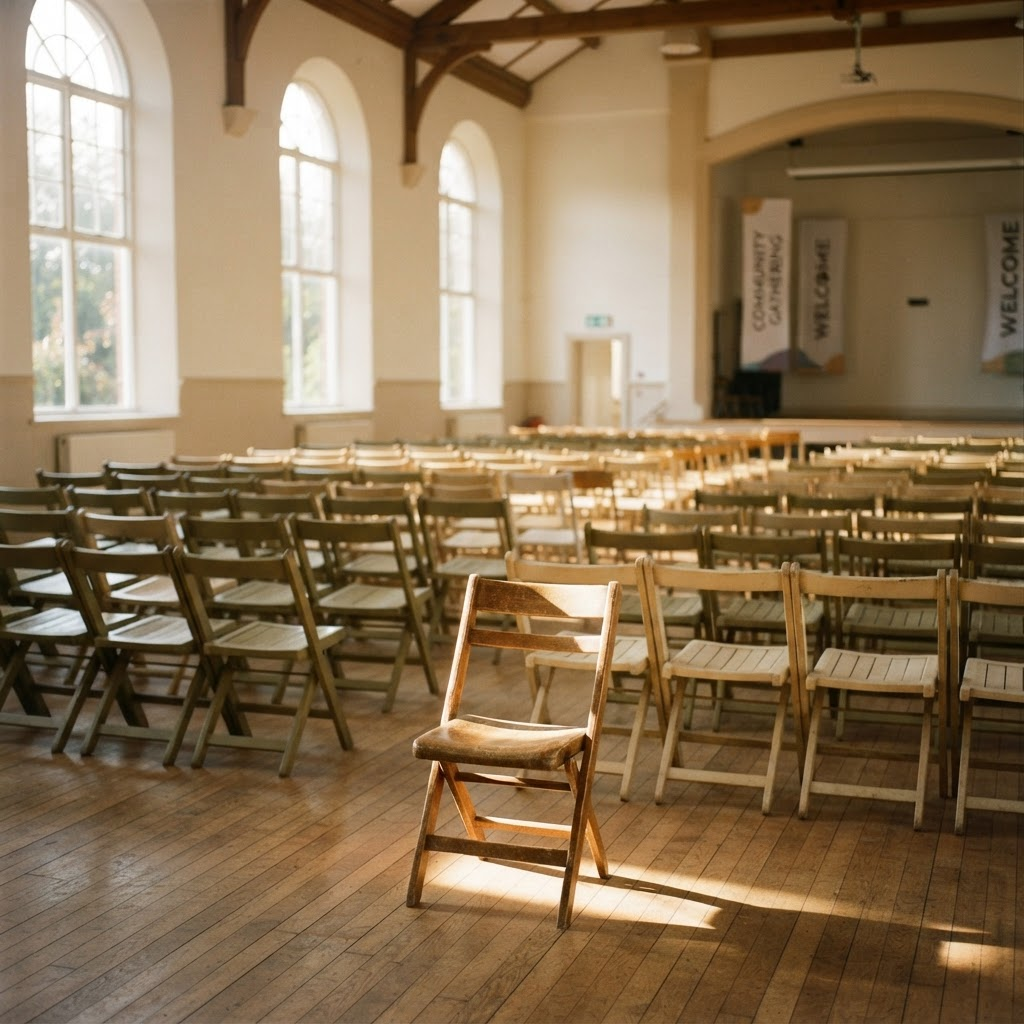 Rows of empty wooden chairs in a bright community hall, one chair catching a warm sunbeam
