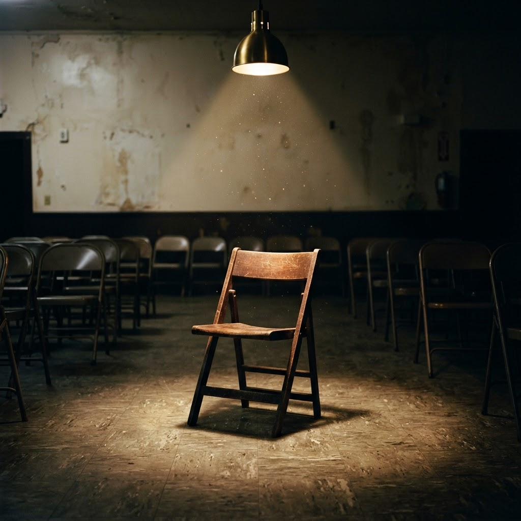 A single empty folding chair lit by one spotlight, rows of chairs fading into darkness in a church basement