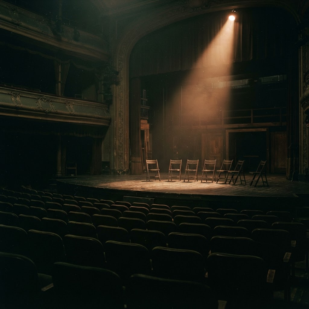 A single warm spotlight falling on an empty theatre stage above rows of darkened, empty seats