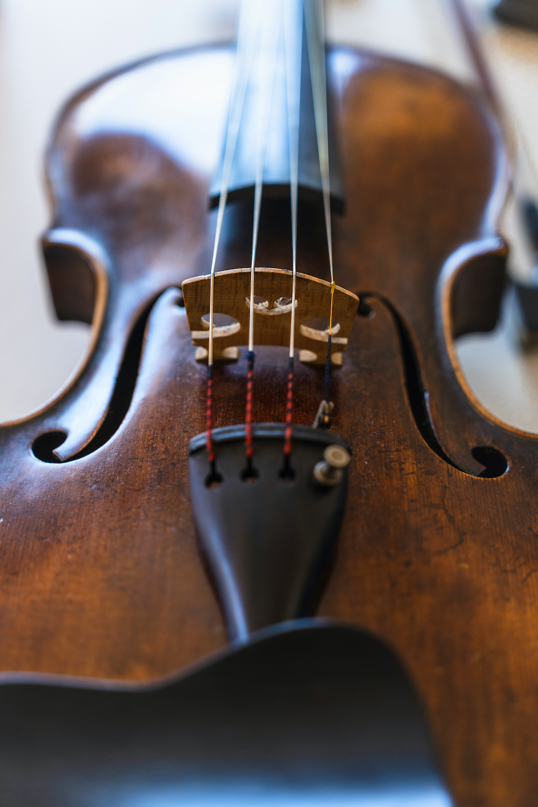 Close-up of a violin being played